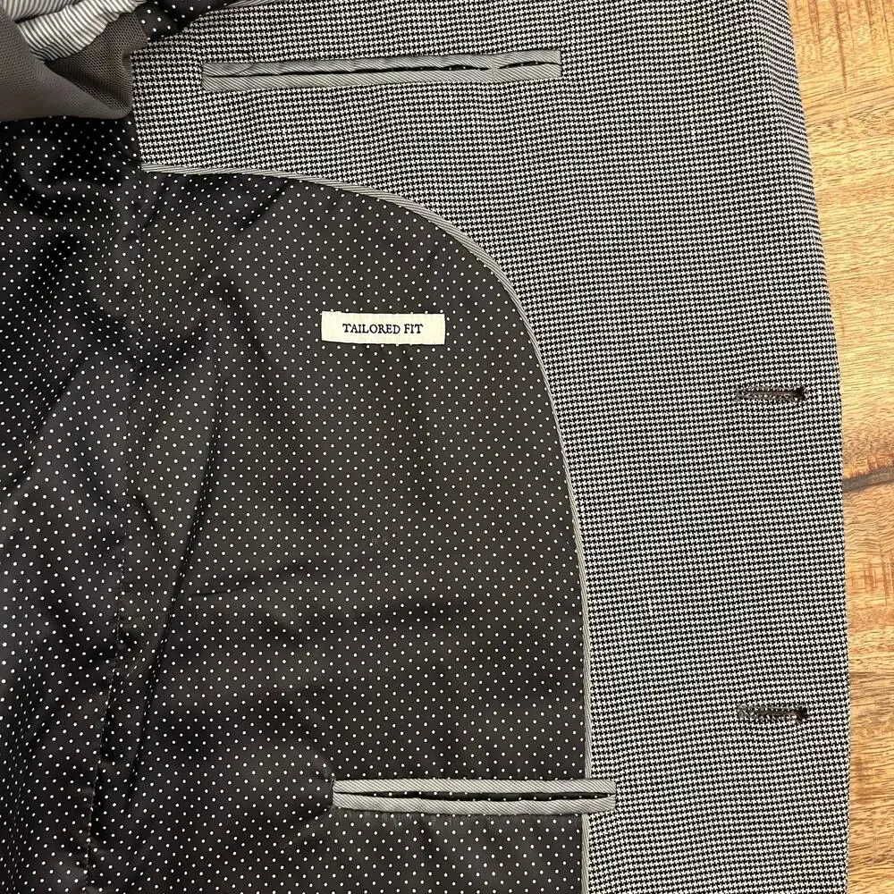 Jos A Bank Linen Cotton Houndstooth Blazer‎ 40L Tailored Fit Elbow Patches Black